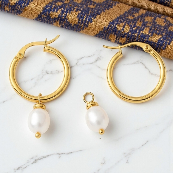 🆕️Minimalist Hoop Earrings 18K Gold Plated Stainless Steel Freshwater Pearl - Picture 1 of 14